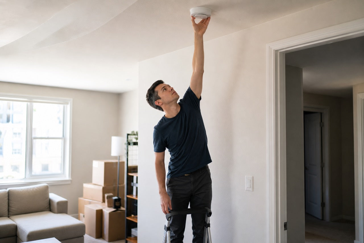 A renter on a step stool testing a white ceiling smoke alarm in a sunlit apartment with moving boxes nearby