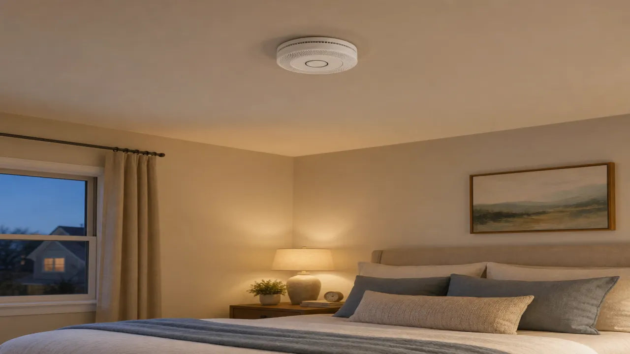 Siterwell combination smoke and CO alarm installed on a bedroom ceiling in a modern American home