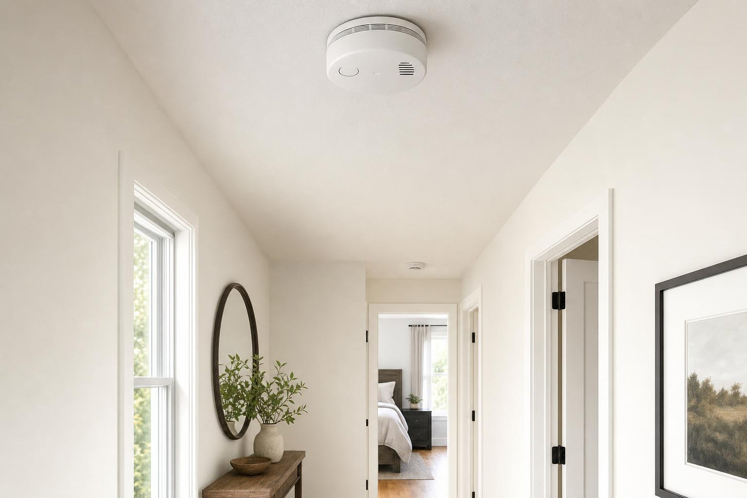 White combination smoke and carbon monoxide alarm mounted on the ceiling of a bright modern home hallway