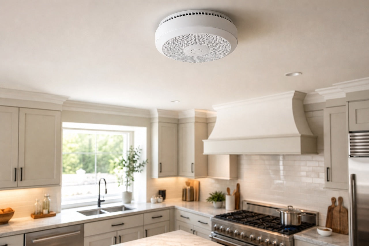 A modern white disc-shaped Siterwell smoke alarm mounted on a kitchen ceiling above a gas stove in a realistic American home kitchen