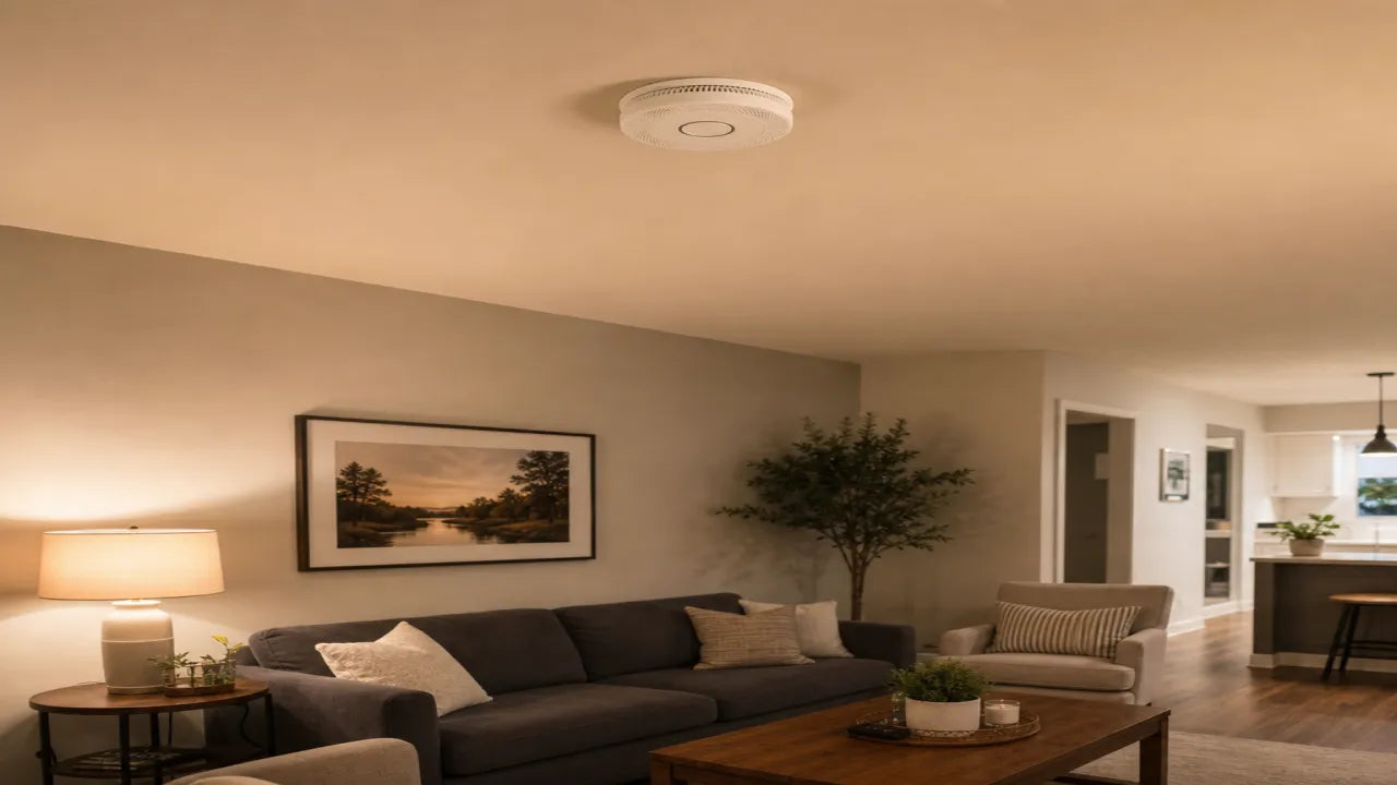 Siterwell smoke alarm installed on a living room ceiling in a modern American home