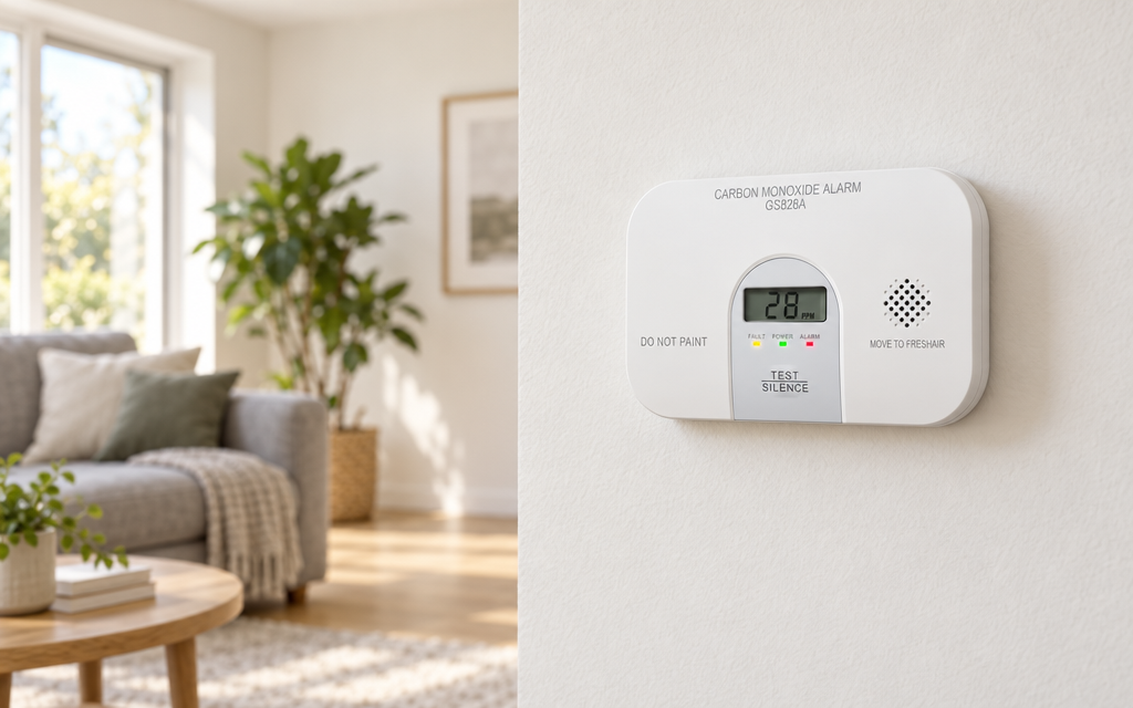 Siterwell GS828A carbon monoxide alarm mounted on a living room wall at about eye level