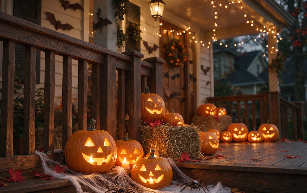 Carved jack-o'-lanterns glowing on a wooden porch beside hay bales and dried leaves