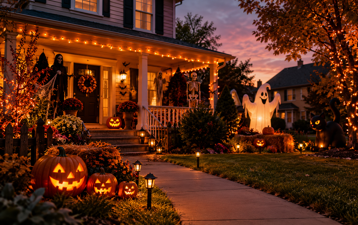 Halloween house with outdoor lights, inflatables, pumpkins, and illuminated decorations