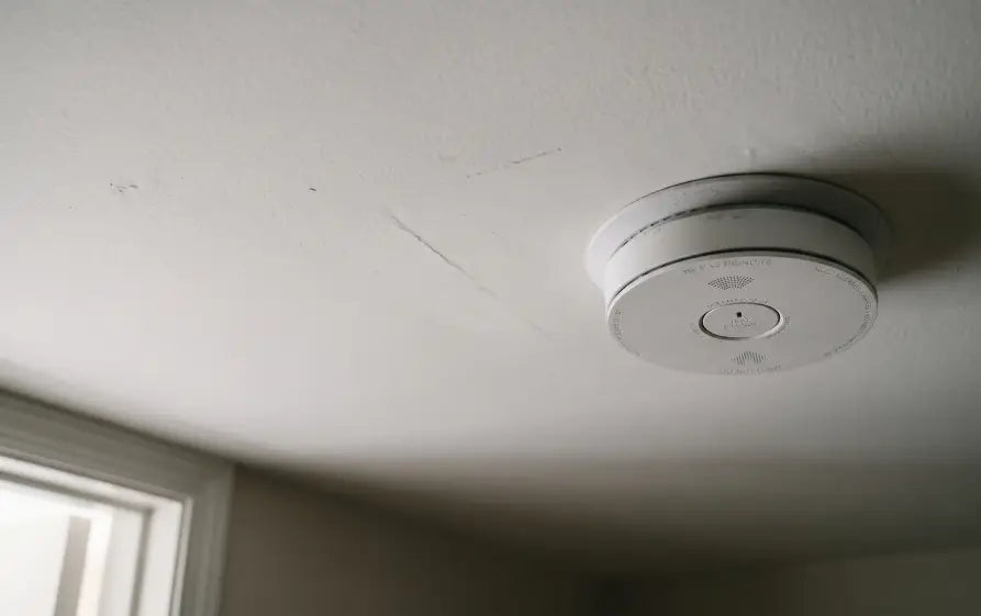 Photoelectric smoke alarm mounted on a ceiling near a window