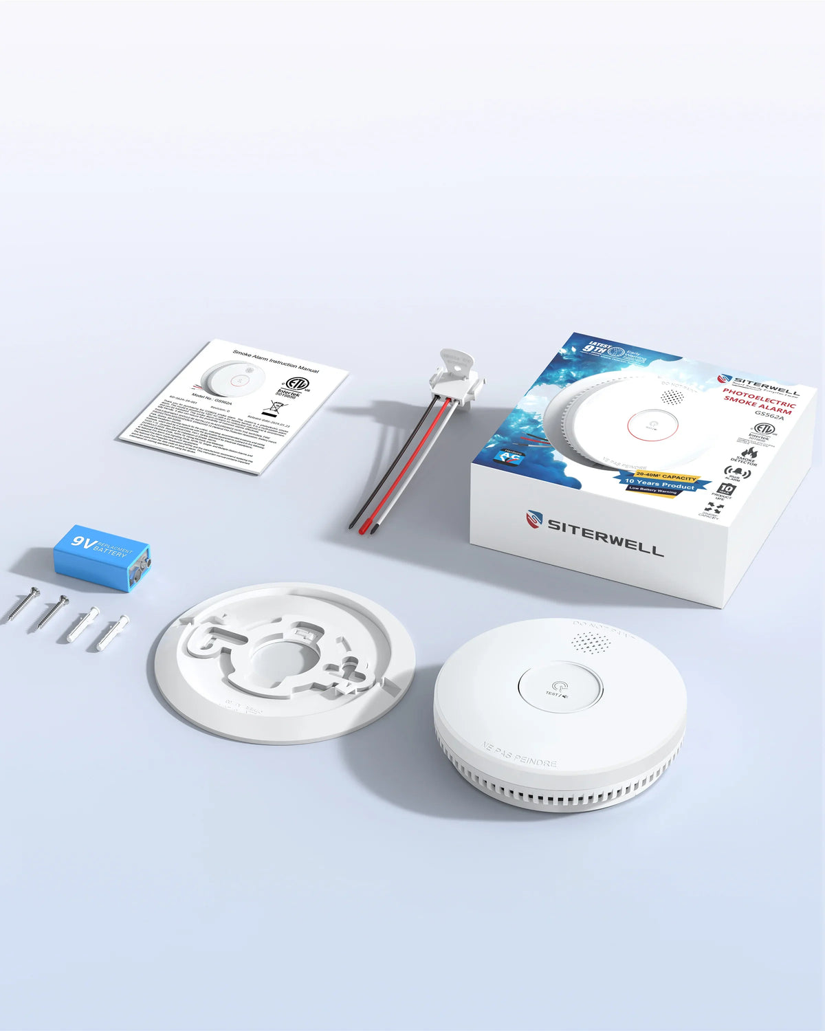 SITERWELL GS562A Hardwired Interconnected Smoke Alarm(Detector) with Test/Silence Button | 9V Backup Battery | UL217 Listed