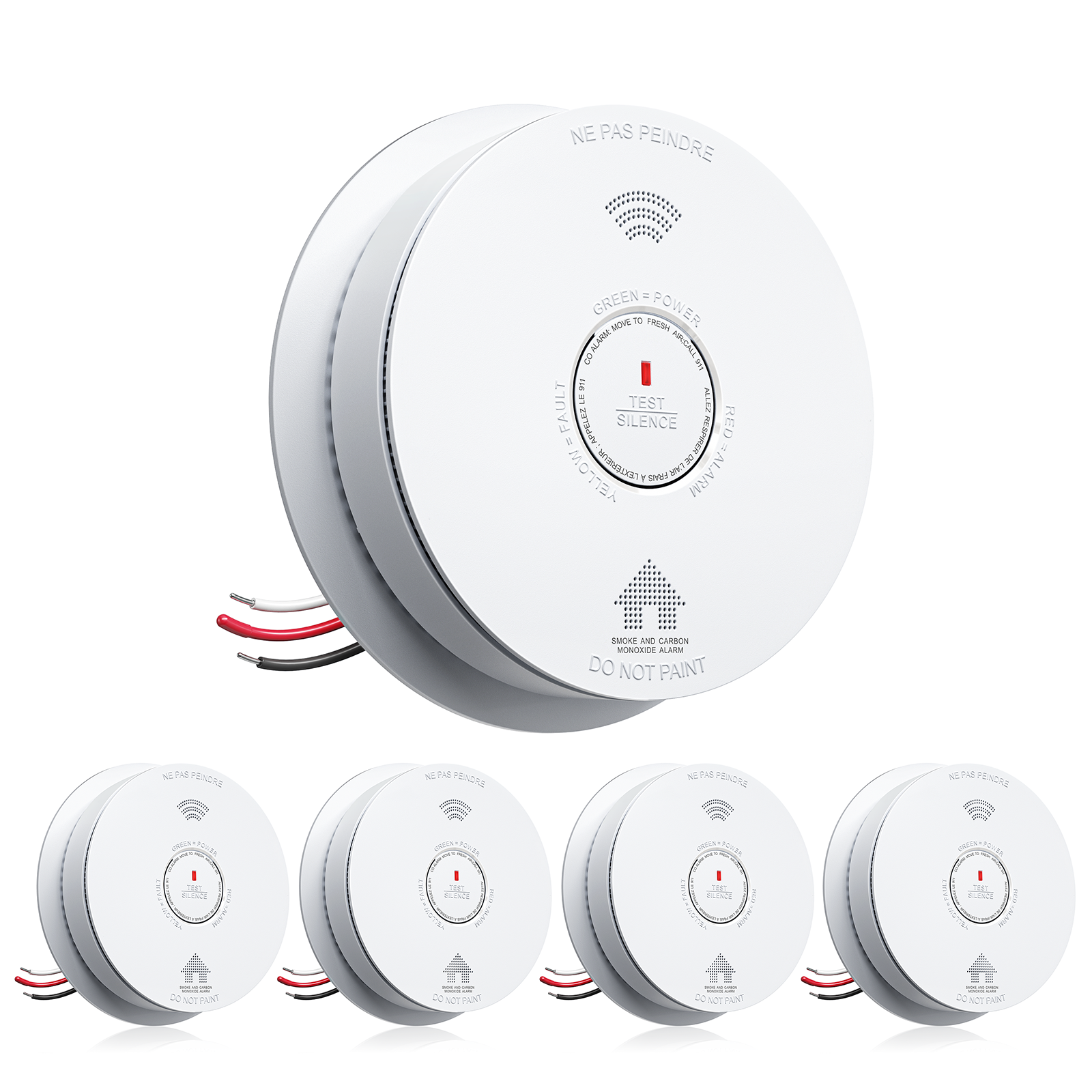 Siterwell GS886F-H02 Hardwired Interconnected Smoke & CO Detector with 10-Year Backup Battery - 5 Pack
