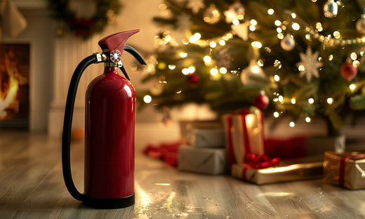 fire extinguisher near a Christmas tree with gifts below.