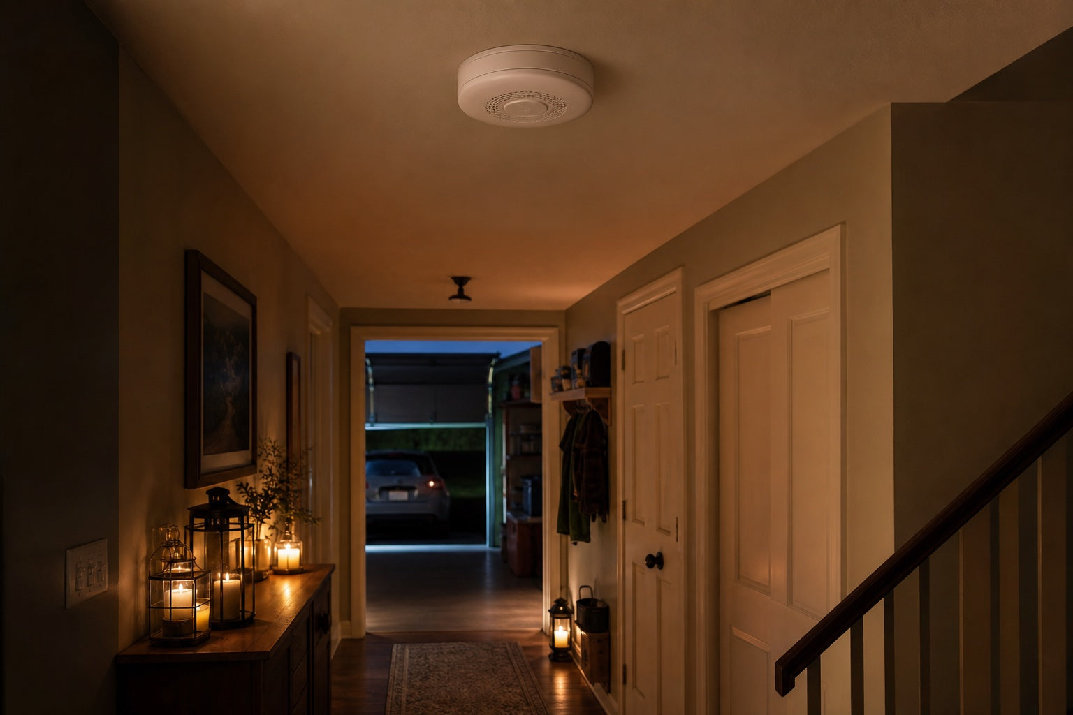 A modern white combination smoke and carbon monoxide alarm mounted on a home hallway ceiling near a garage entrance, warm emergency lighting