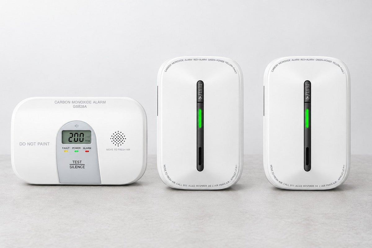 Three Siterwell carbon monoxide and combination alarms side by side during a test