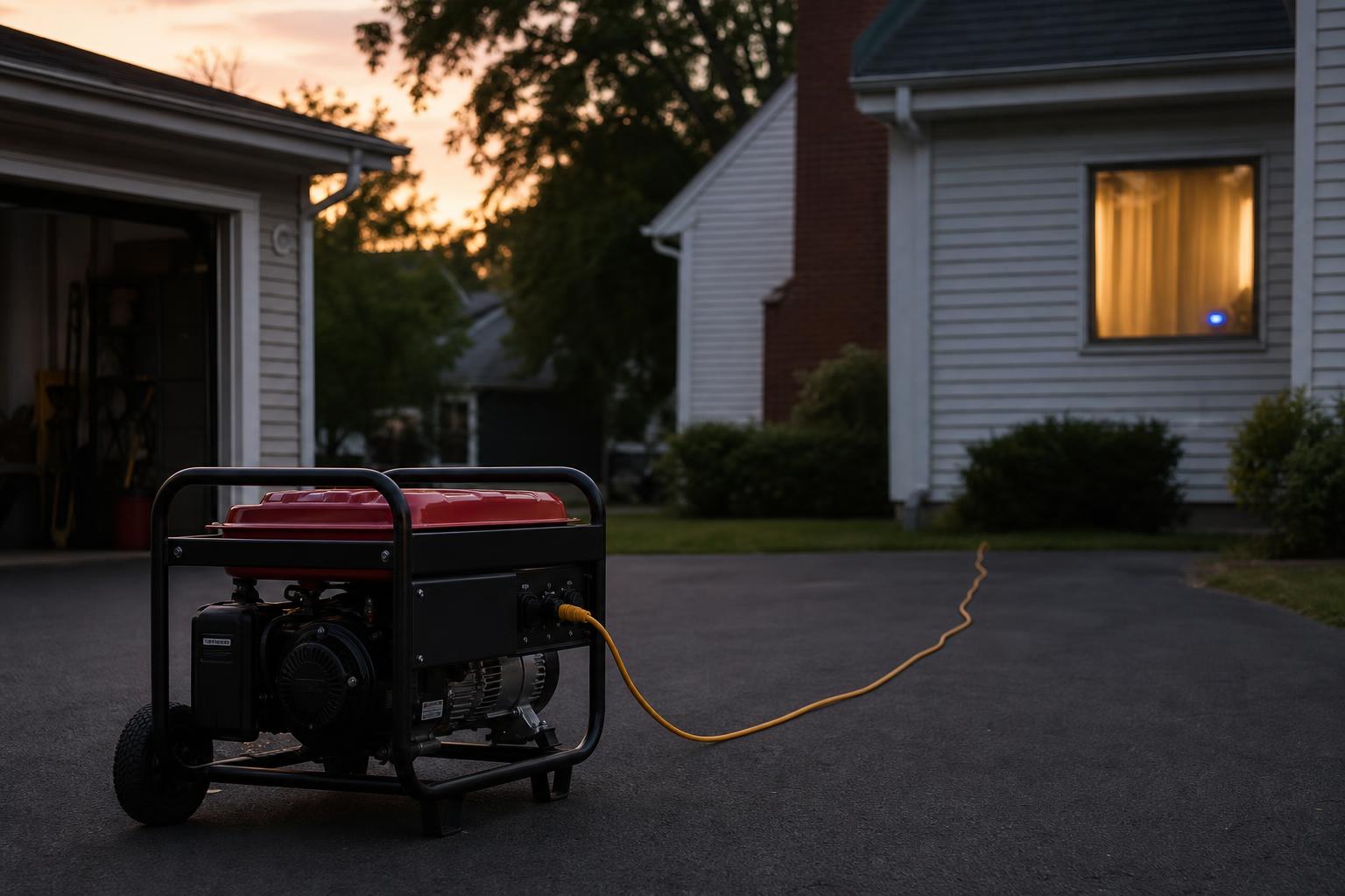 A portable generator running safely outdoors away from a suburban home during a summer power outage at dusk