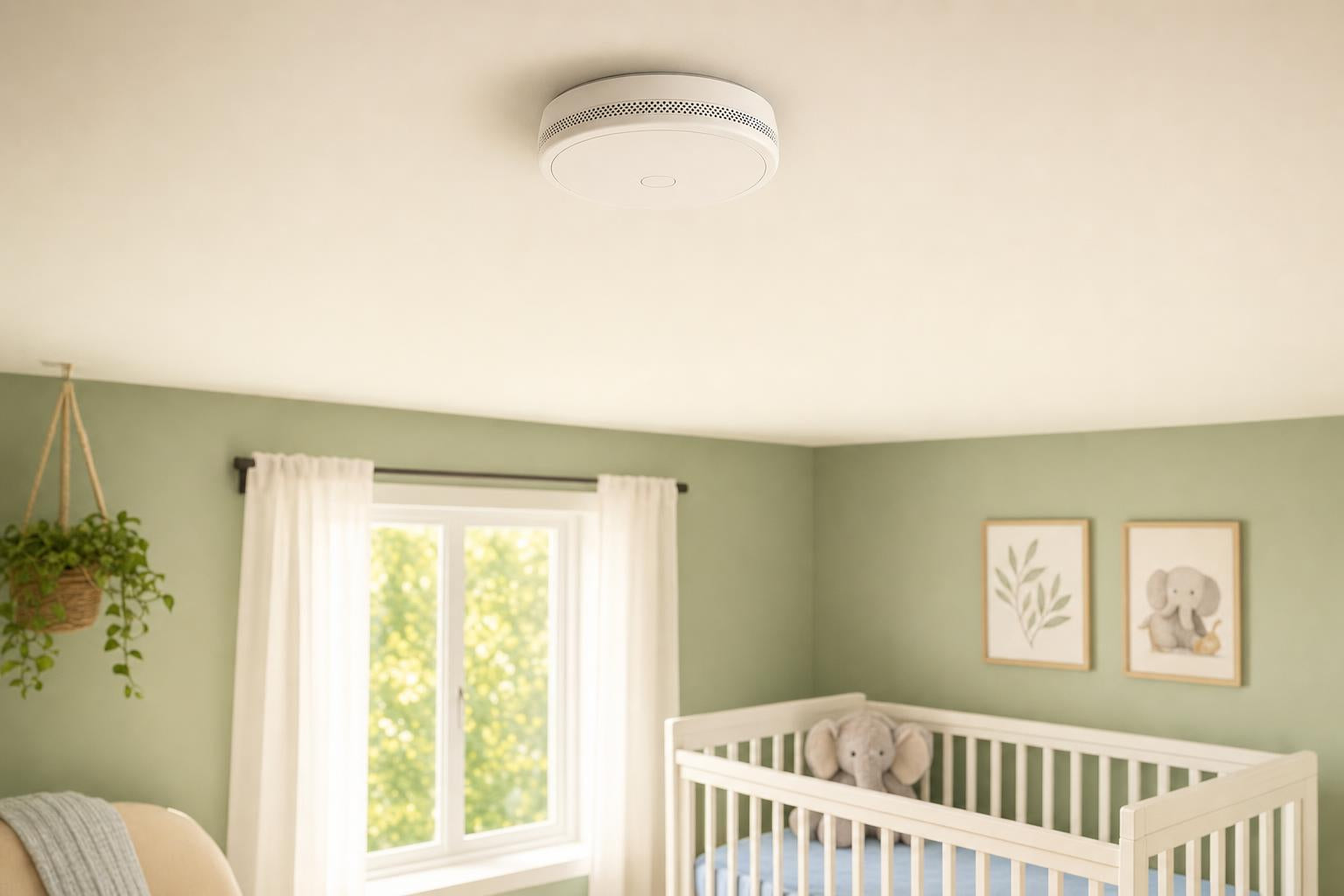 White disc-shaped combination smoke and CO alarm mounted on nursery ceiling above a white wooden crib