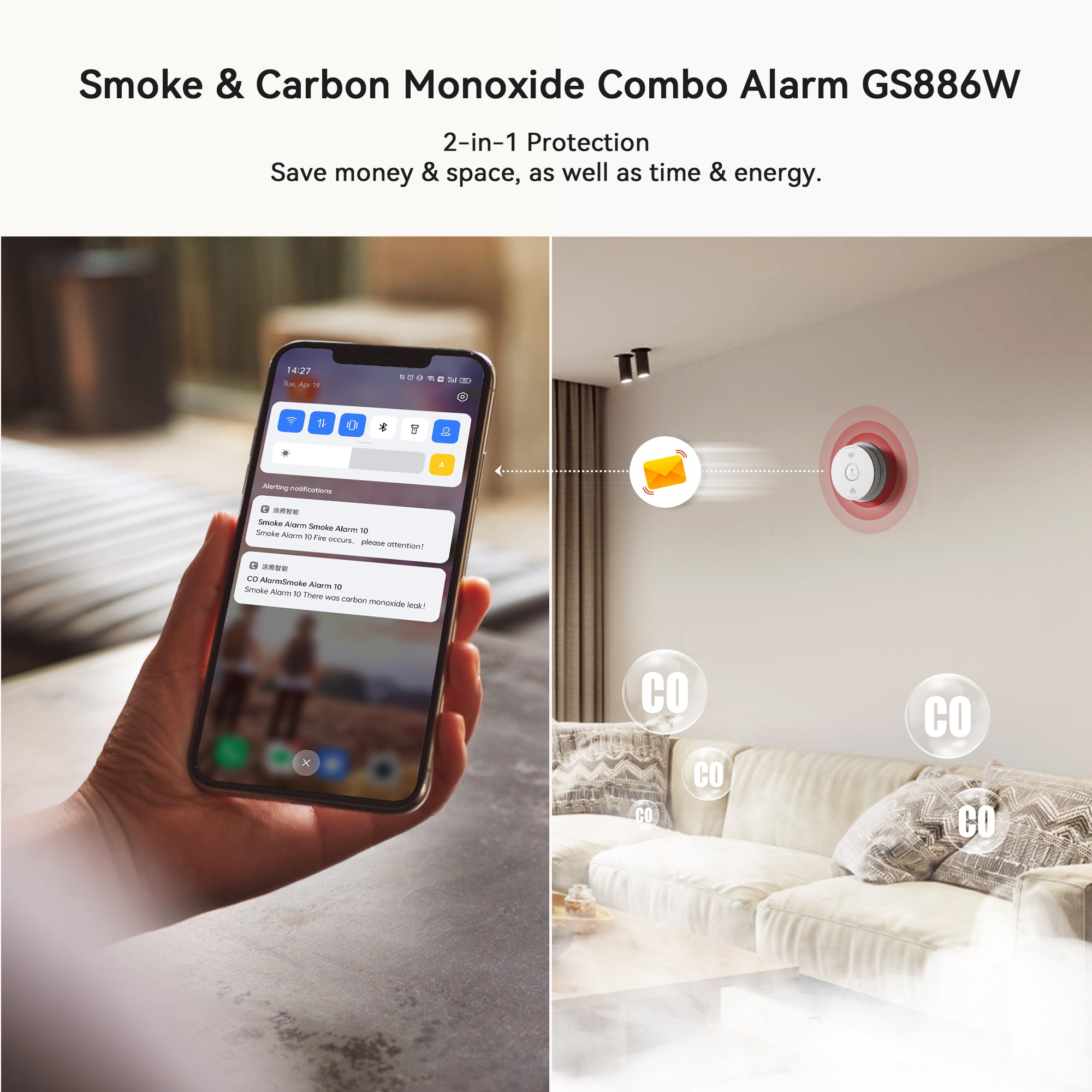 Siterwell GS886W 2.4 GHz WiFi Smart Smoke & Carbon Monoxide Combo Alarm