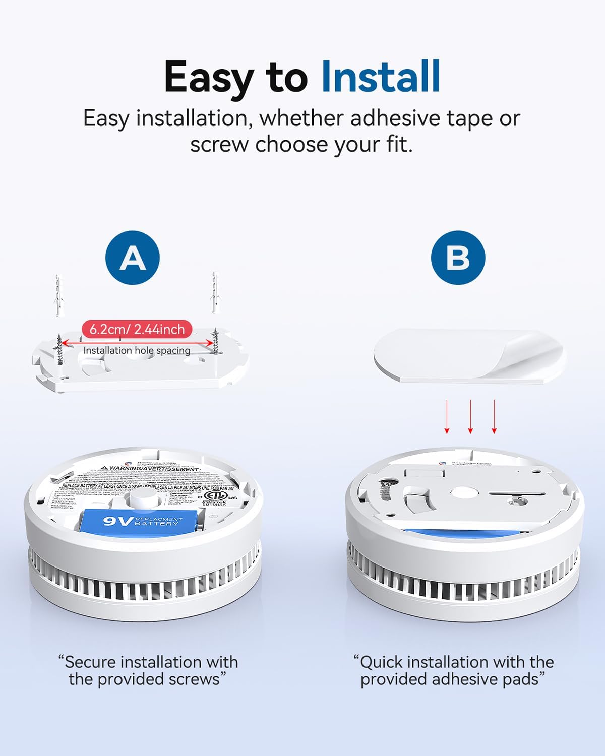 GS509A smoke detector installation options - screw mount or adhesive pad