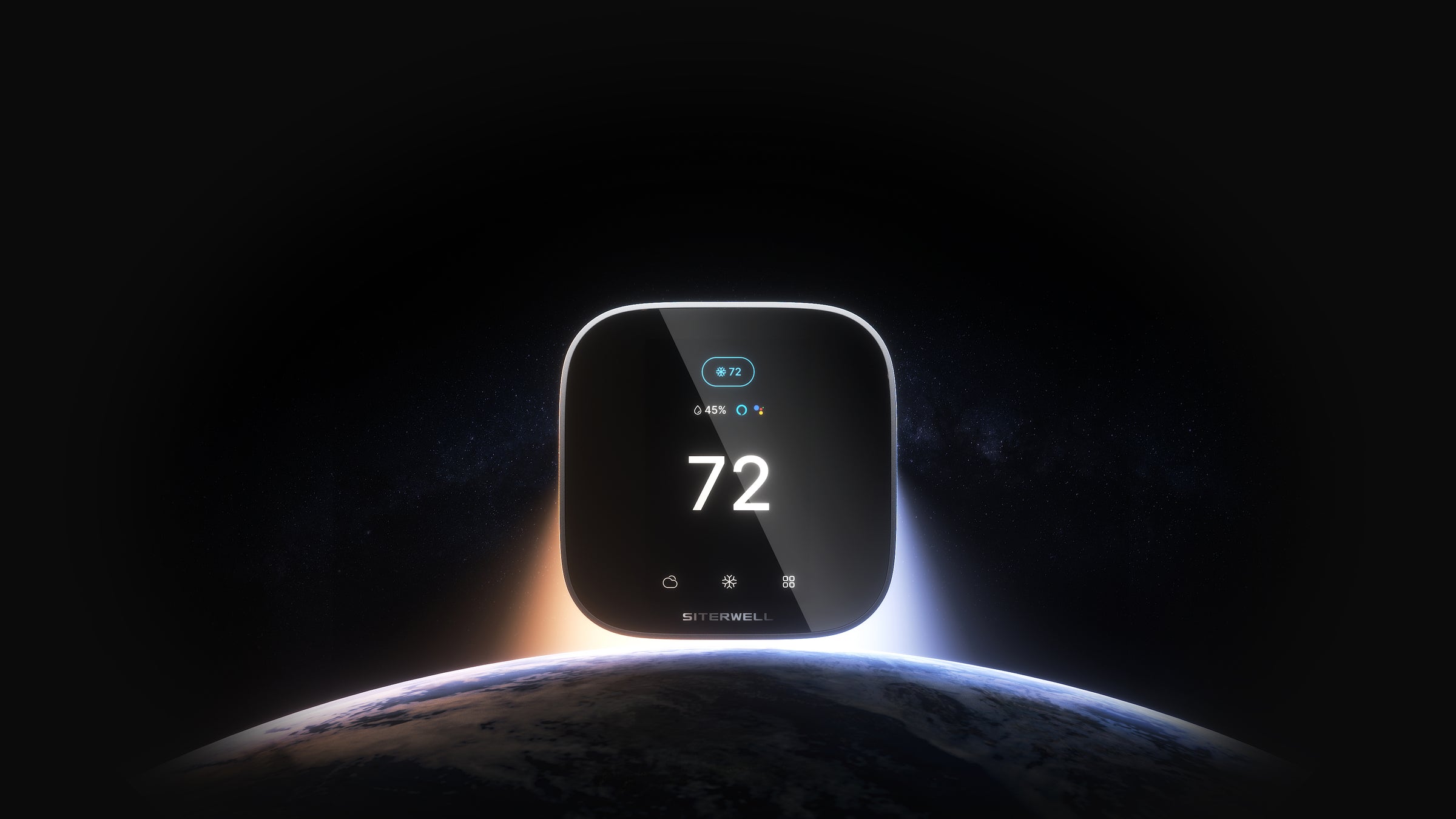 GS366 smart thermostat above a glowing horizon